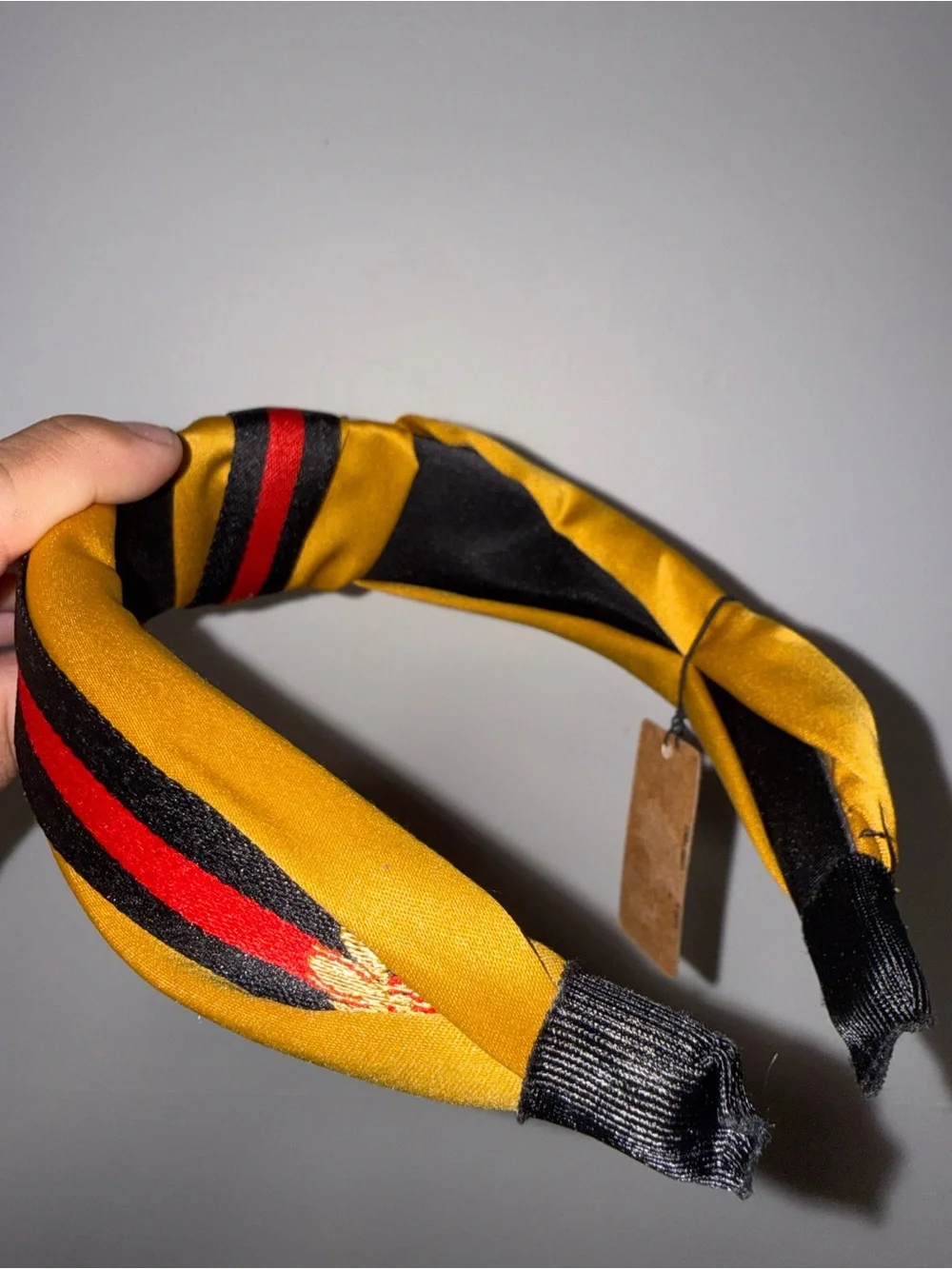 Knotted Stripe Headband with Embroidered Bee - Yellow, Black & Red